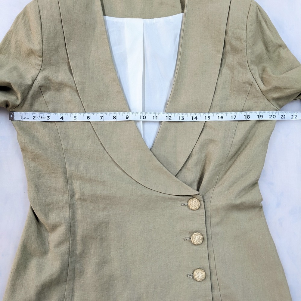 Vintage 90s Linen 2-Pc Pant Suit Set Sz 12 Khaki Wide Leg Shawl Collar Blazer - Picture 16 of 16